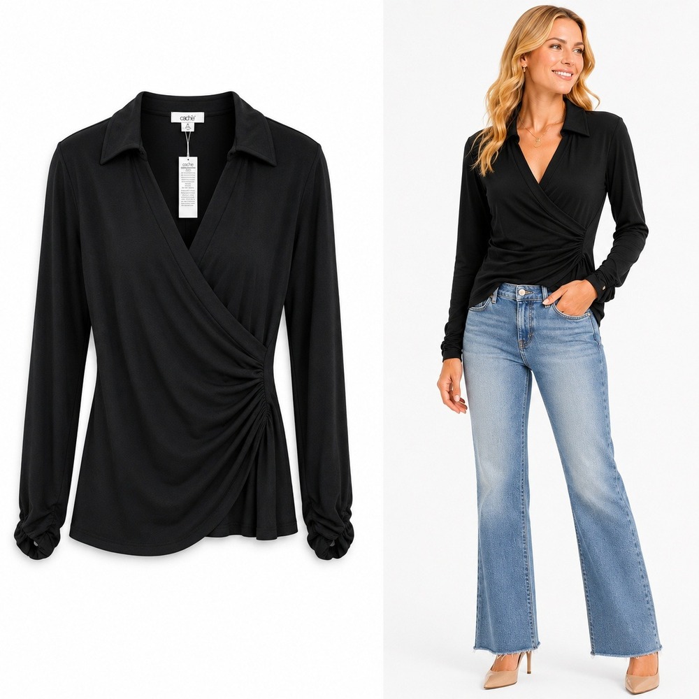 Cache Womens S Black Ruched Wrap Blouse NWT Long Sleeve‎ V-Neck Career Top Chic